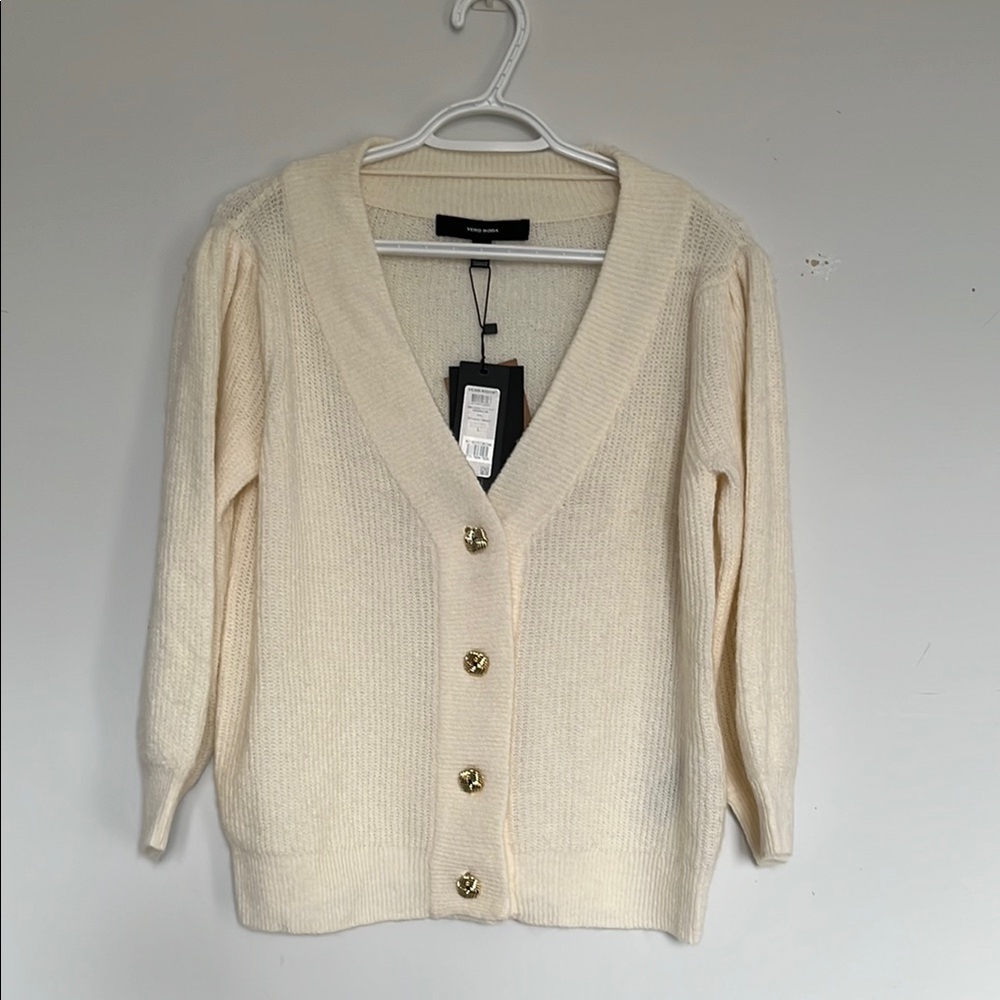Cream V-Neck Button Front Women's Sweater Cardigan